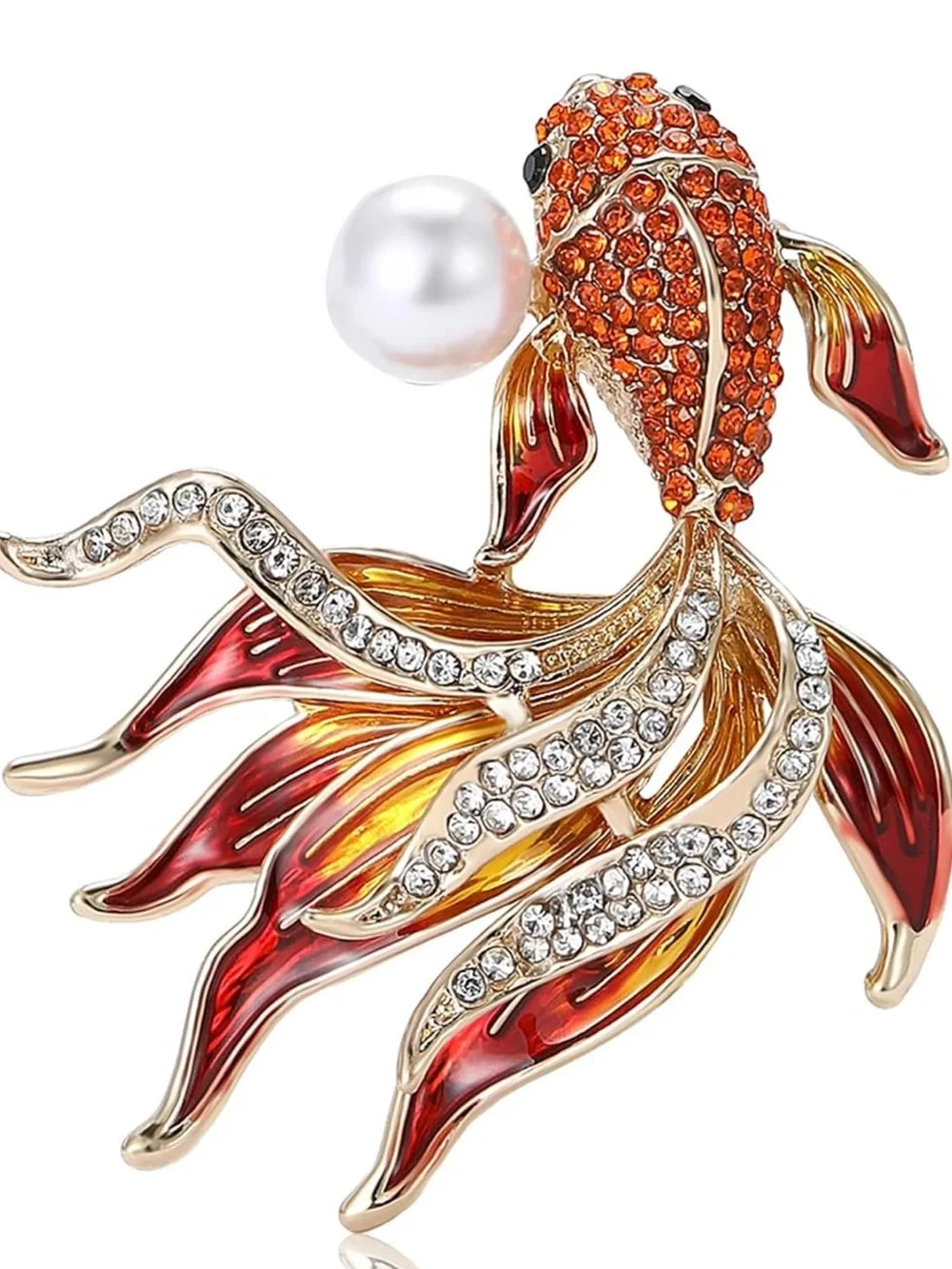 Anthropologie Red & Orange Koi Fish Brooch with Pearl